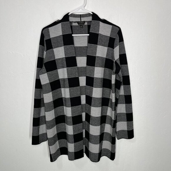 Talbots Buffalo Plaid Gingham Black Gray Pure Merino wool Open Cardigan Size M - Picture 7 of 9